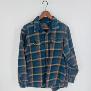 Orvis Mens Size L Plaid Flannel Shirt Blue Heavyweight Cotton Heritage Workwear